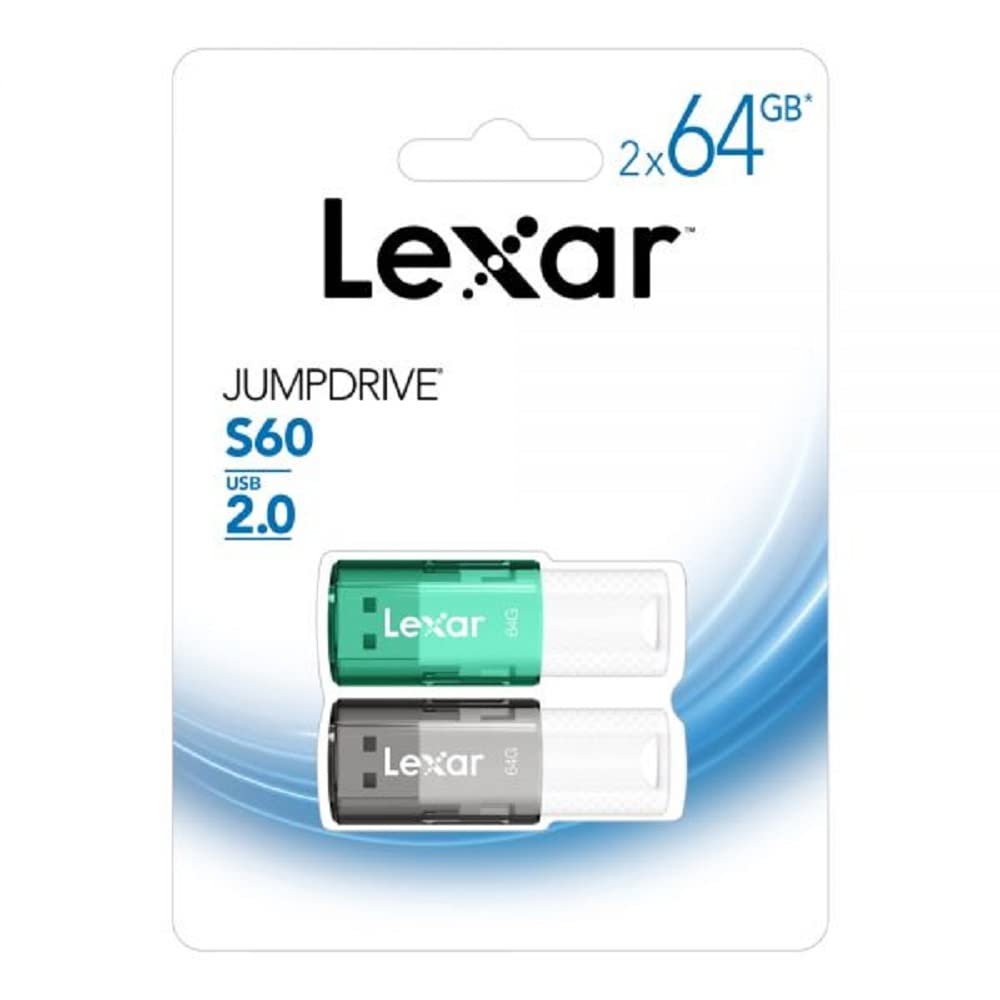 Lexar JumpDrive S60 USB 2.0 Flash Drives, 64GB, Black/Teal, Pack of 2 Flash Drives, LJDS60-64GB2NNU
