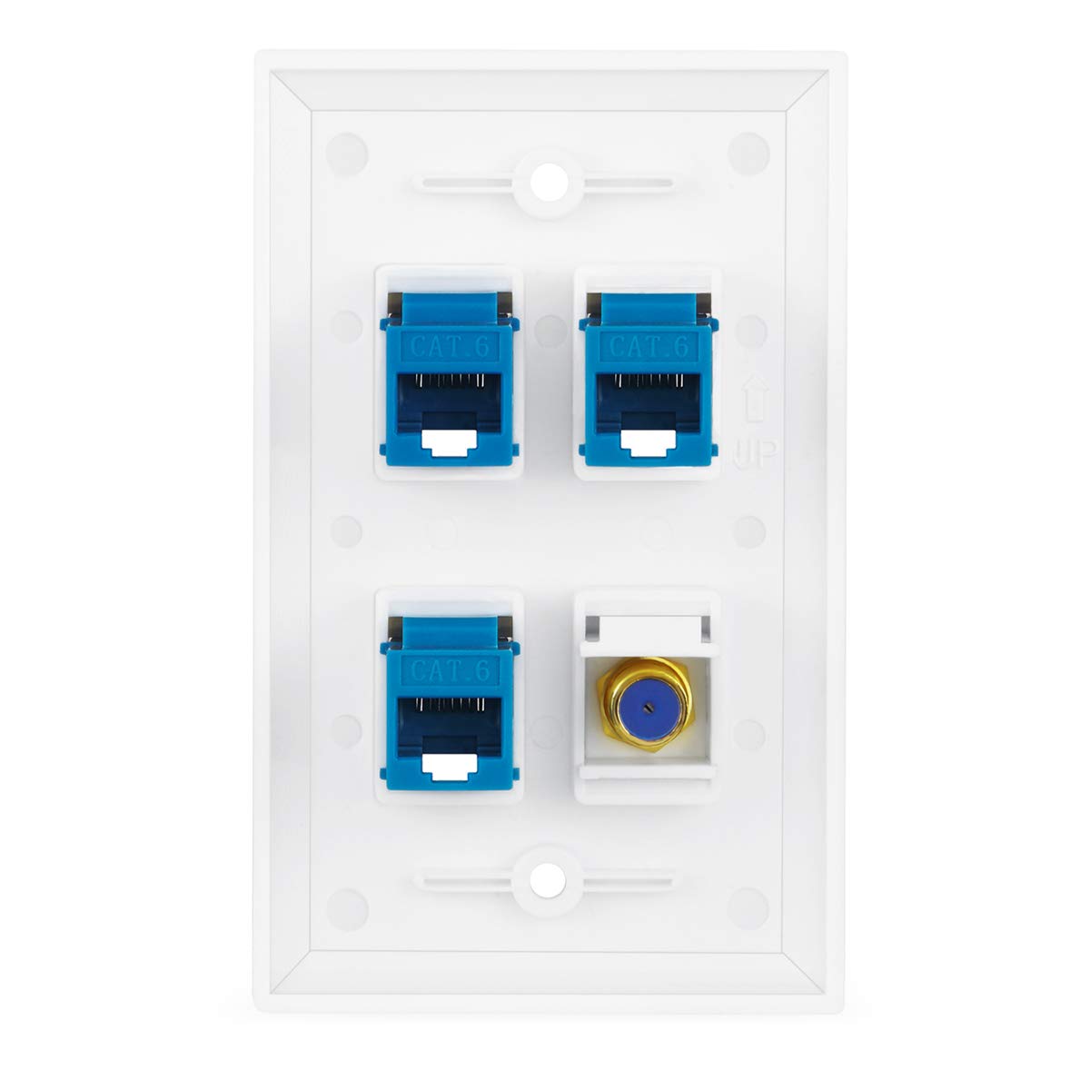 4 Port Wall Plate With Gold Plated Coaxial Tv Cable F Type + 3 Port Cat6 Ethernet Female To Female Jack In White