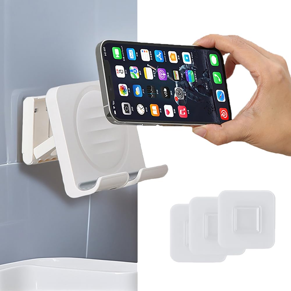 Geyitafum Shower Phone Holder, Wall Mount Cellphone Stand With 3Pcs Adhesive Pads, Adjustable & Portable Mirror Smartphone Wall 