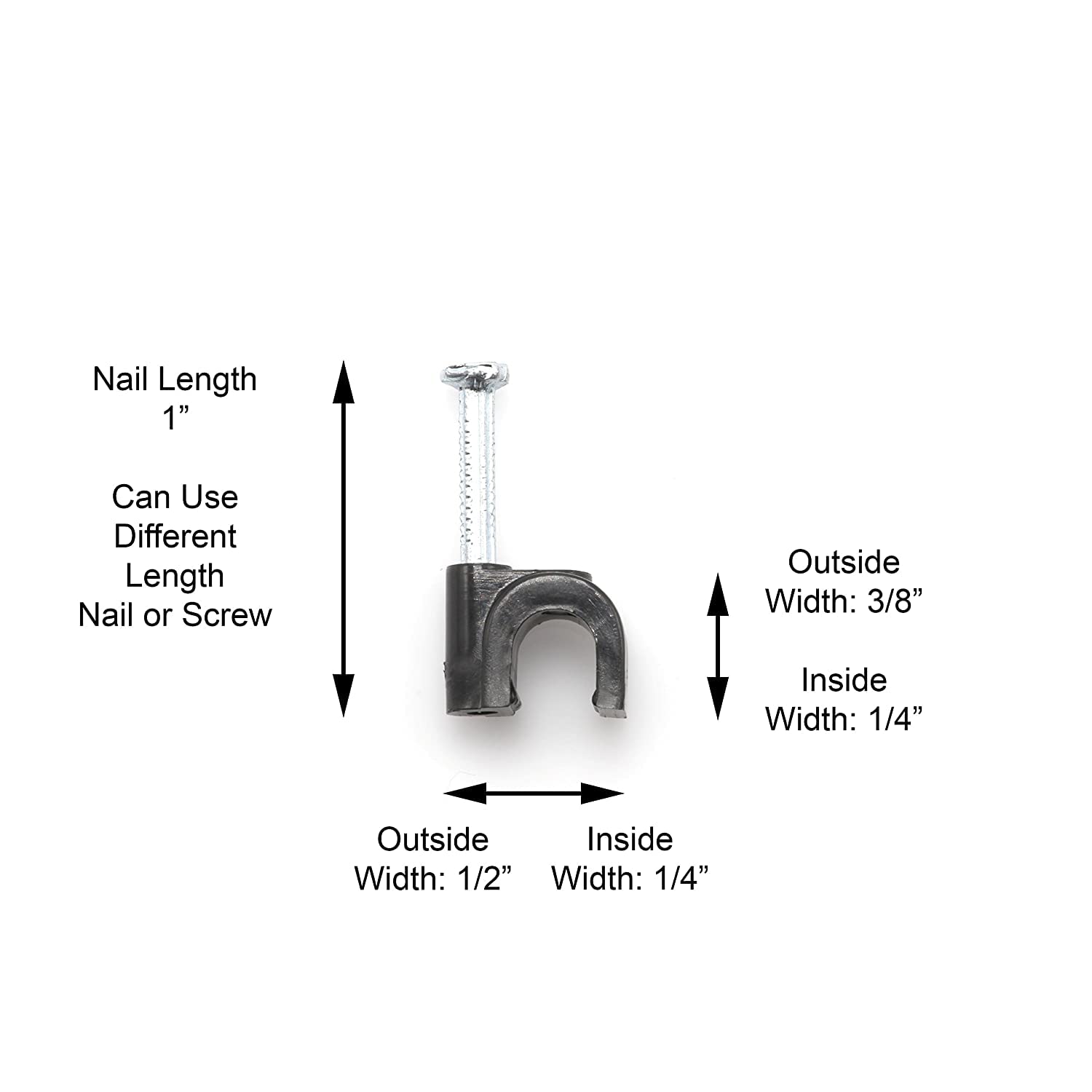 THE CIMPLE CO Single Coaxial Cable Clips 1/4 inch Nail Fastener Plastic Black 50 Pack