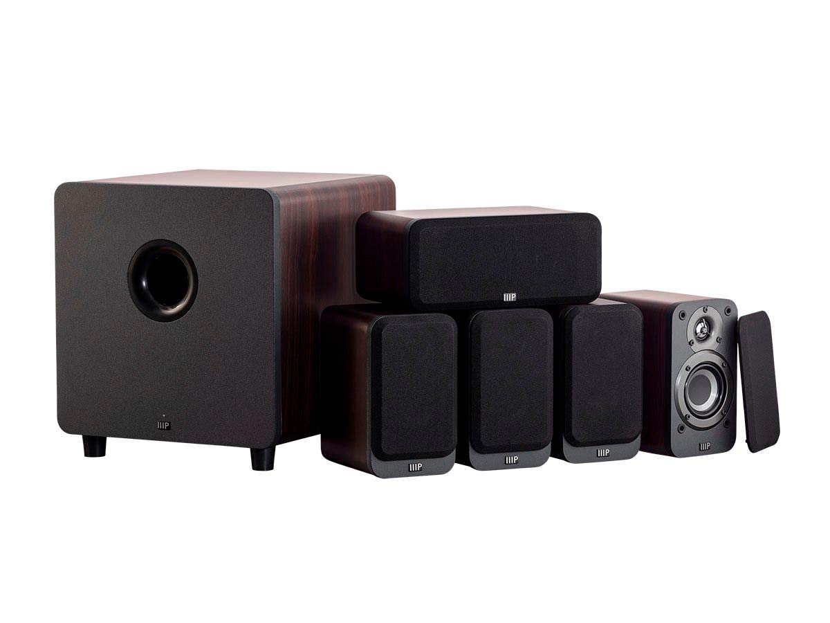 Monoprice HT-35 Premium 5.1-Channel Home Theater System - Espresso, with Powered Subwoofer, Low Profile Speaker Grilles, Secure