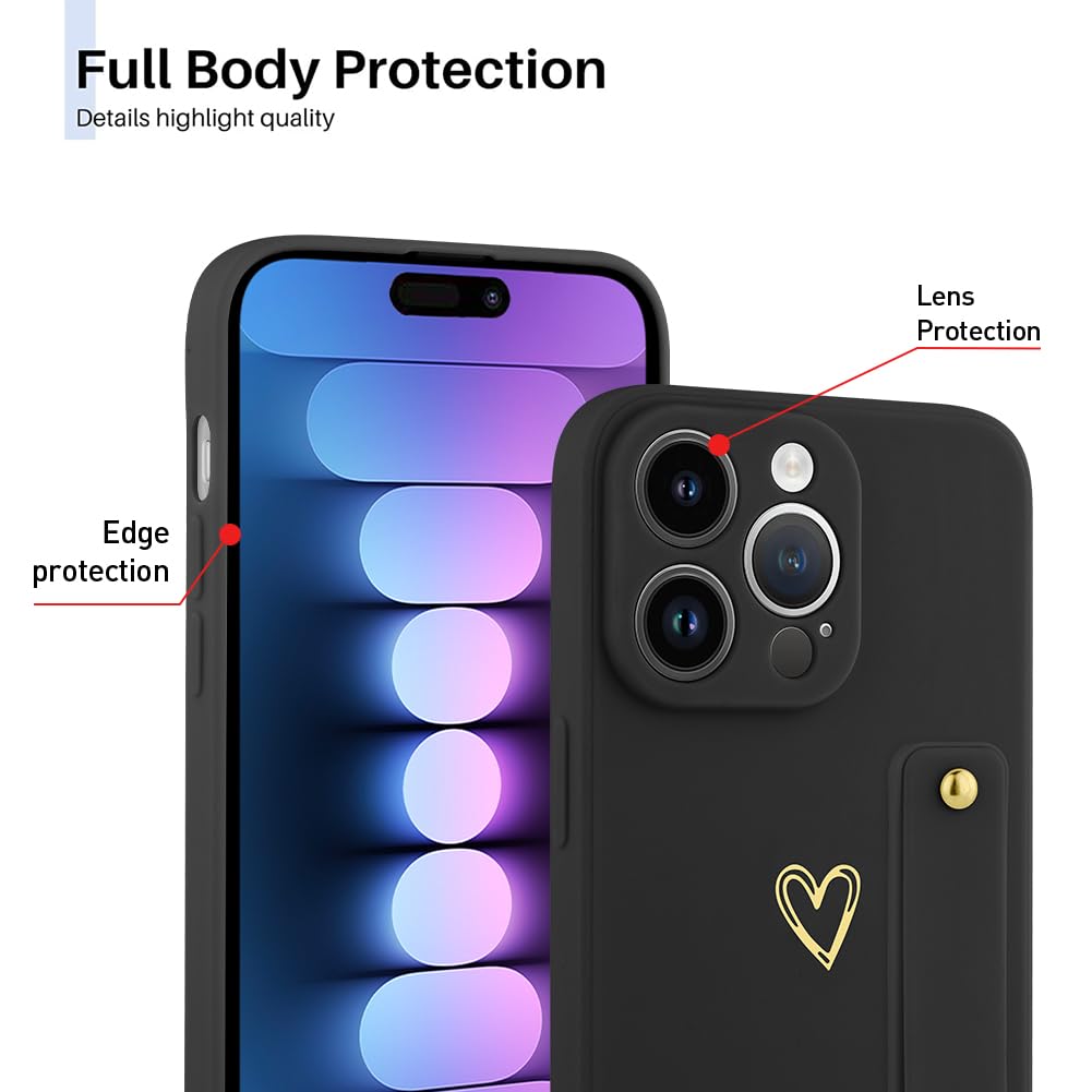 Ufbara Phone Case Compatible With Iphone 15 Pro Max 6.7 Inch For Women Girls, Cute Gold Love Heart Pattern With Wrist Hand Holde