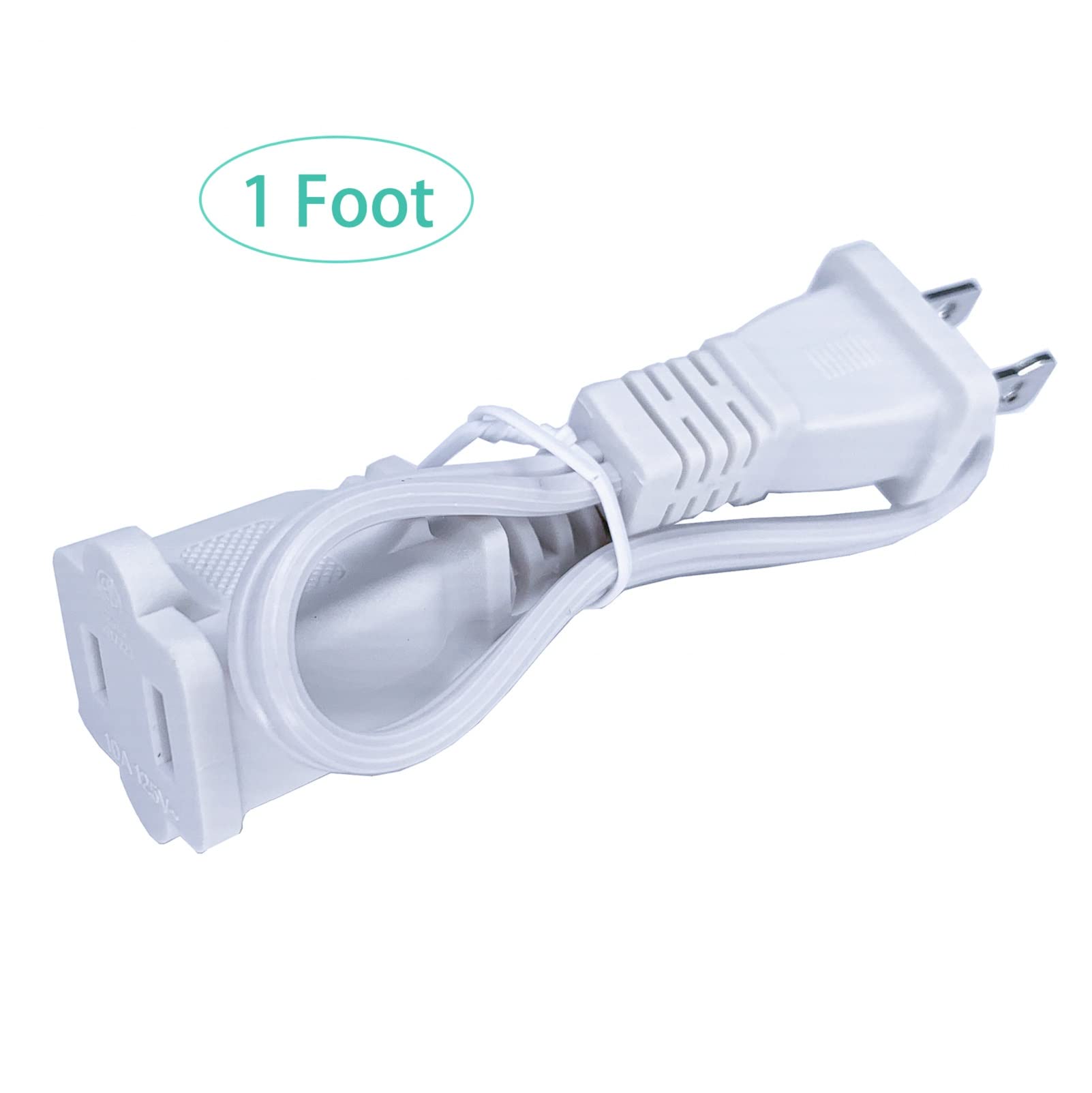 Short Extension Cord 1 Ft, White 2 Prong, 18 Awg Small Polarized Male Female Power Cable For Indoor, Nema 5 15P To Nema 5 15R, 2