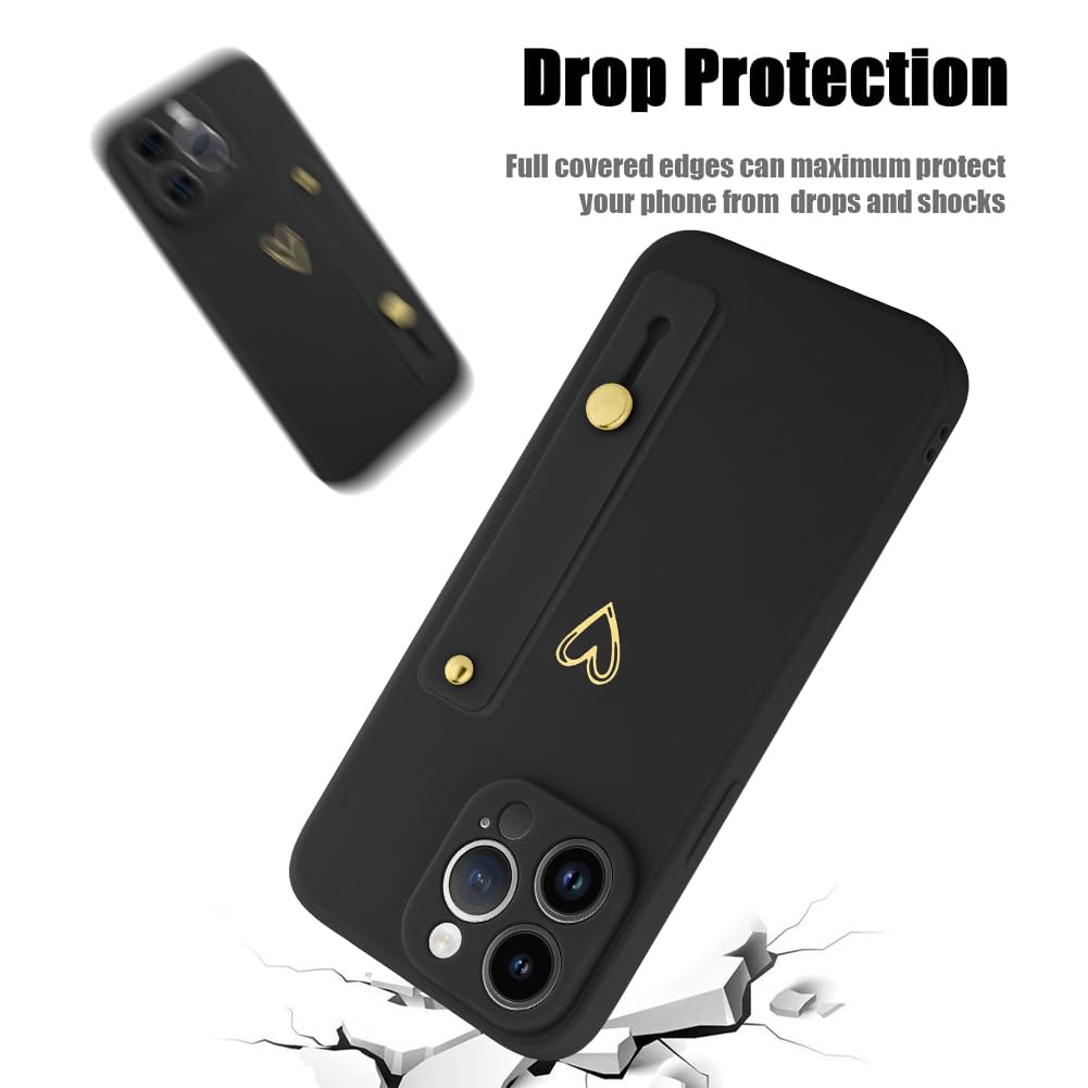 Ufbara Phone Case Compatible With Iphone 15 Pro Max 6.7 Inch For Women Girls, Cute Gold Love Heart Pattern With Wrist Hand Holde