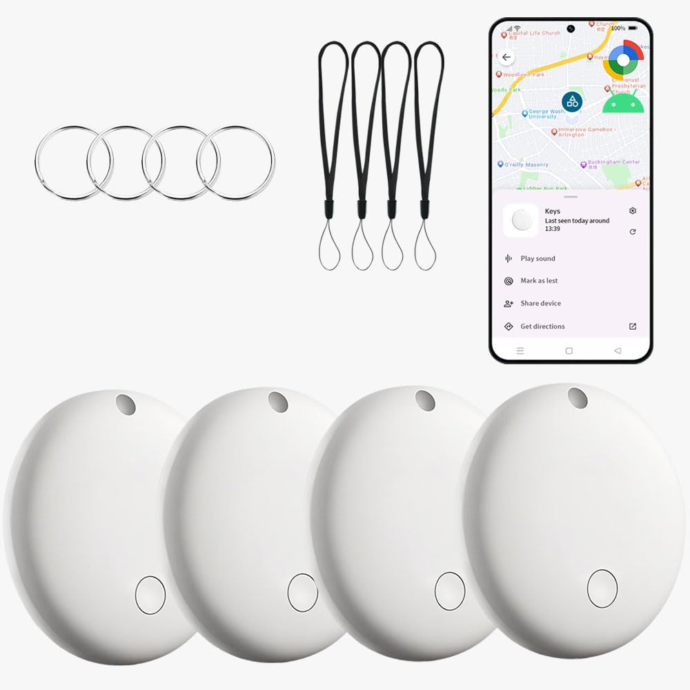 Bluetooth Tracker for Android (White, 4Pack), Works with Google Find My Device App, IP67 Waterproof, Replaceable Battery, Tracke