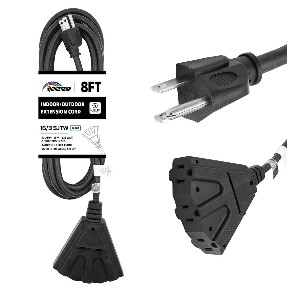 Honderson 3 Outlets Indoor Outdoor Extension Cord Weatherproof, Ul Listed, 16 Gauge 8Ft Black 3 Prong Heavy Duty, 16/3 Sjtw 13A