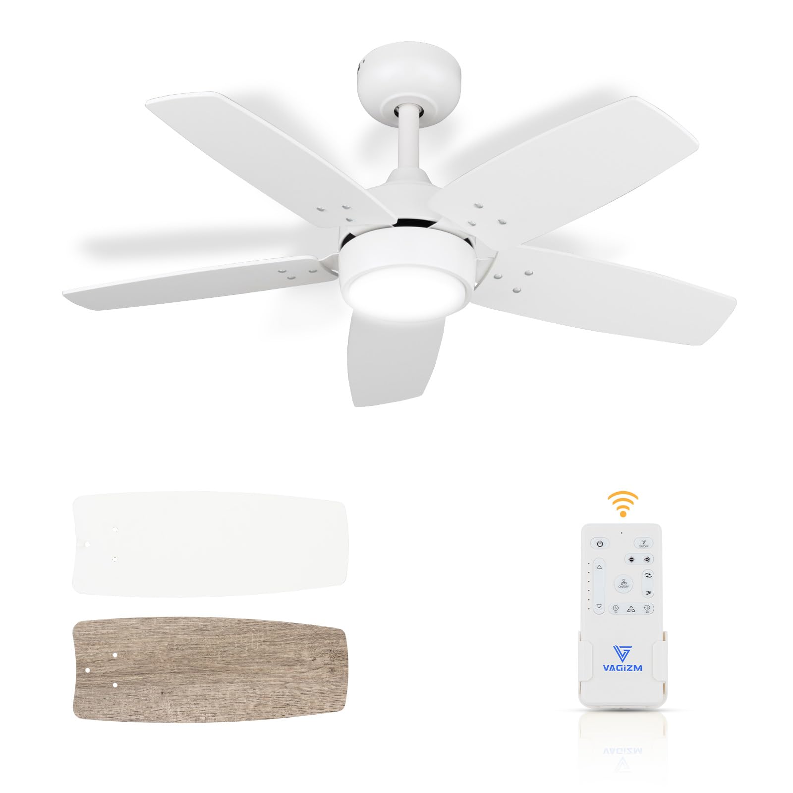 Vagizm Ceiling Fan 36 for Small Room: Matte White Modern Fans with Light Remote Control - Reversible Quiet DC Motor Dimmable w