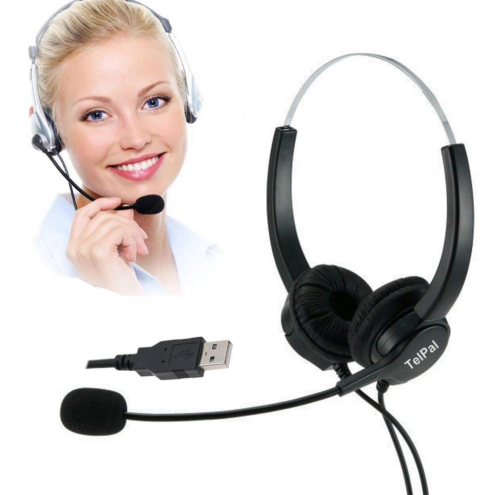 Telpal Corded Hands Free Call Center Noise Cancelling Binaural Usb Headset Headphones With Mic/Microphone   Cord With Usb Plug, Volume Control  For Computer/Pc/Laptop Use Only