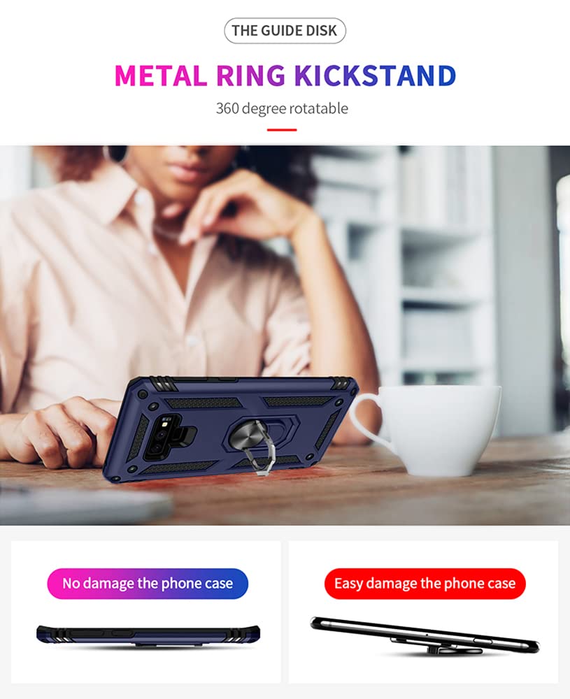 Androgate Galaxy Note 9 Phone Case Military-Grade Ring Holder Kickstand Shockproof Plastic Blue