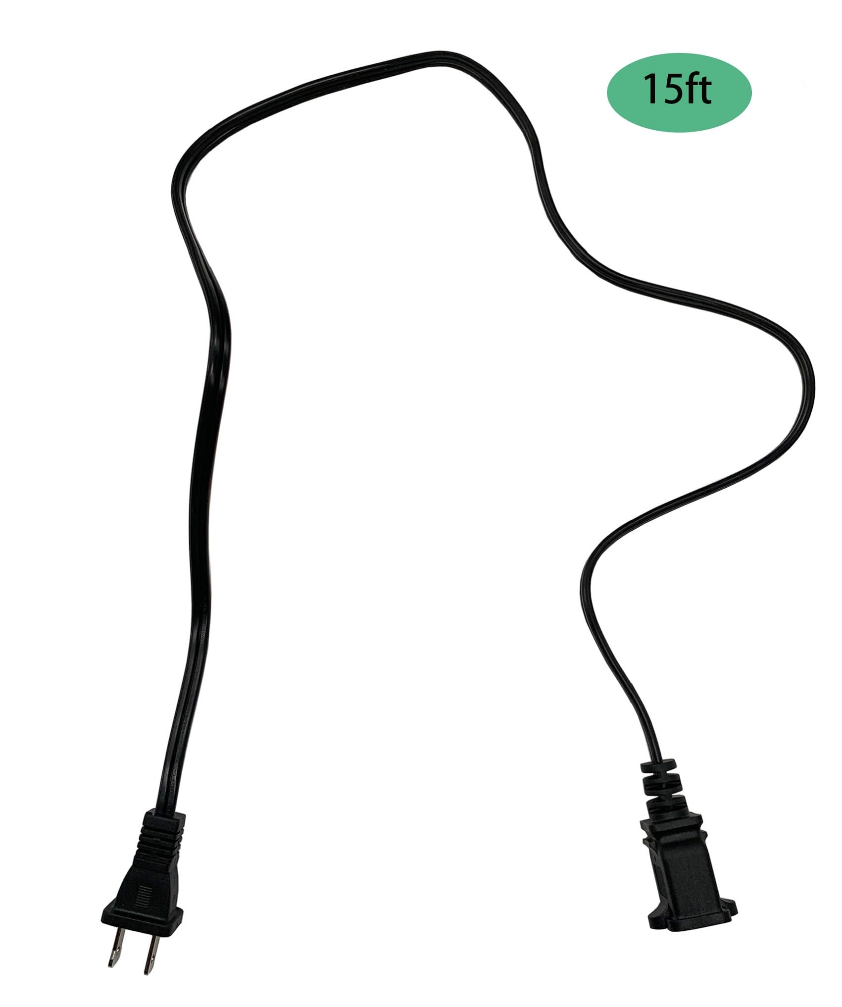 15 Foot Extension Cord, Black Two Prong Power Extension Cord, Us Ac 18Awg Indoor Male And Female Power Cable For Nema 1 15P To N