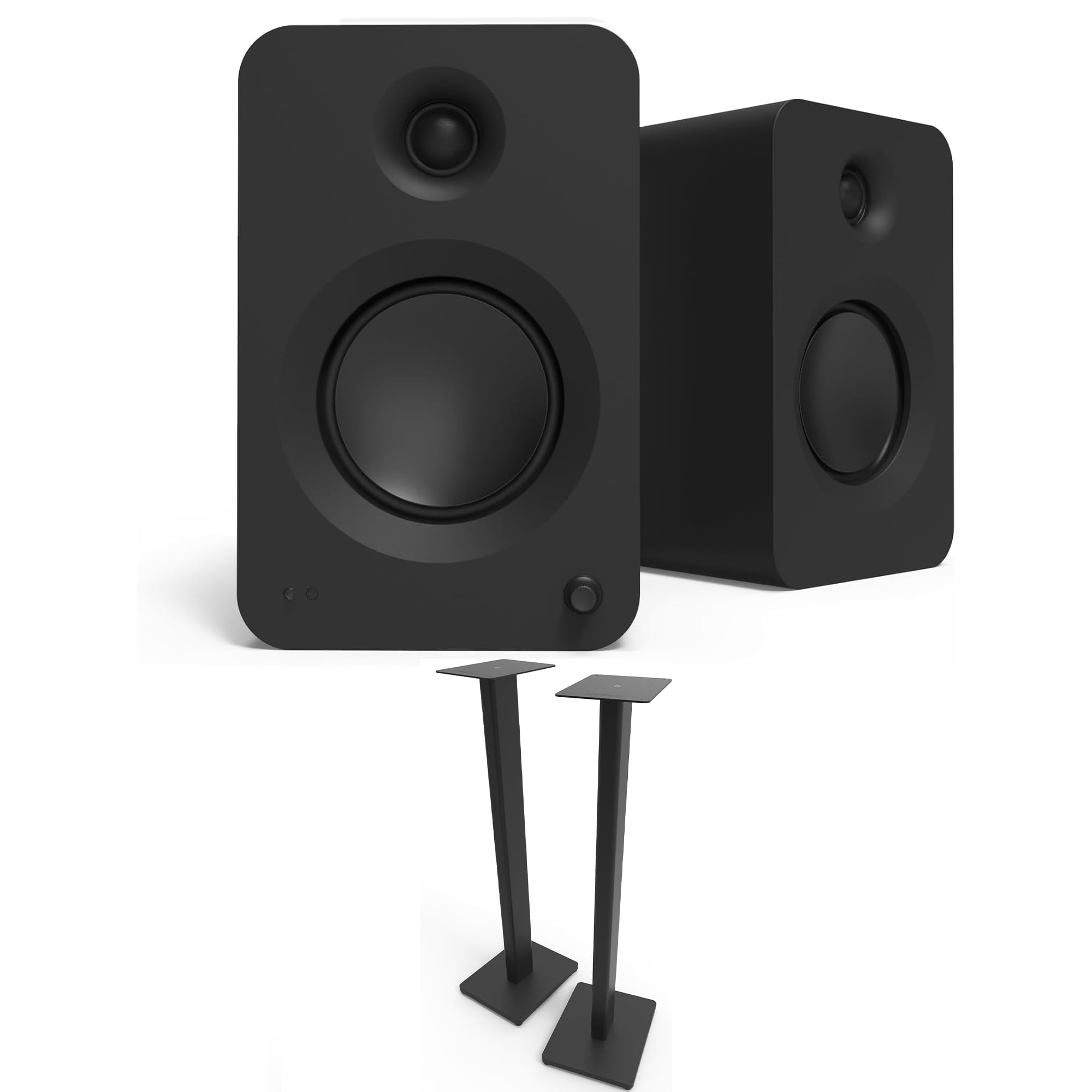 Kanto REN MB Bluetooth Powered Bookshelf Speakers - Matte Black Pair ST34 34 Floor Speaker Pair of Stands with Black MDF Base (2