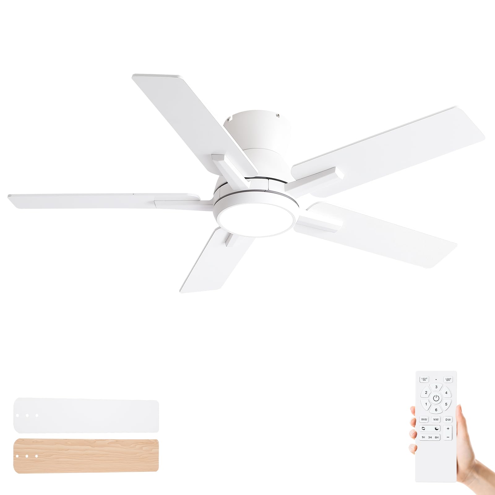 42 Inch Ceiling Fans With Lights,White Low Profile Ceiling Fan With Light And Remote Control,Flush Mount,6 Speed Reversible Dc M