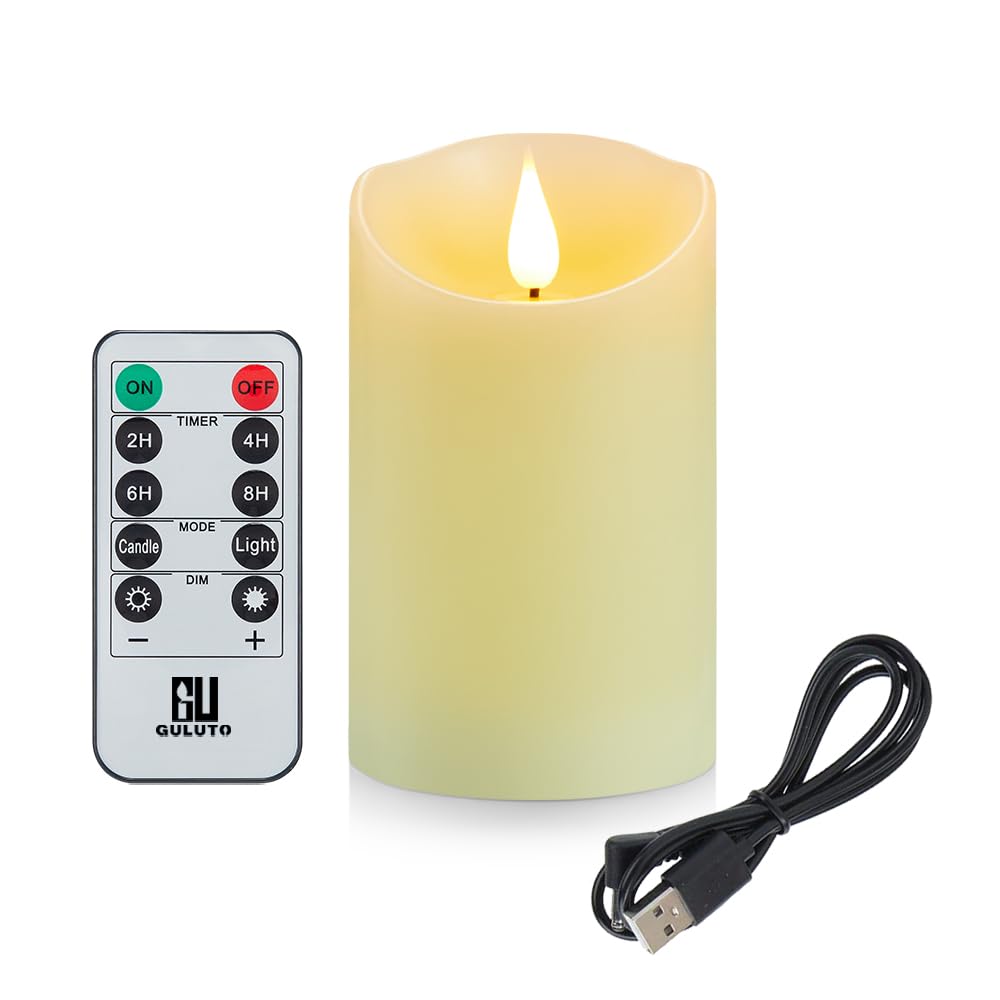 Guluto Flickering Flameless Candles With Rechargeable Battery, Electronic Candles With Remote And Timer, Led Pillar Candles Real