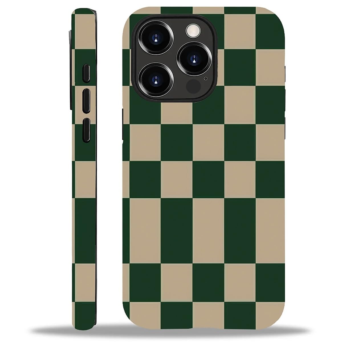 WANKBLC Compatible with iPhone 13 Pro Matte Case, Dark Green Beige Checkerboard Pattern for Girl Full Body Design Soft Silicone 