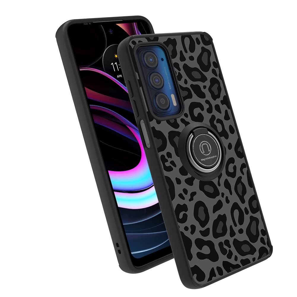 KANGHAR Moto Edge 2021 Leopard Phone Case Shockproof TPU PC Kickstand Ring Holder Black