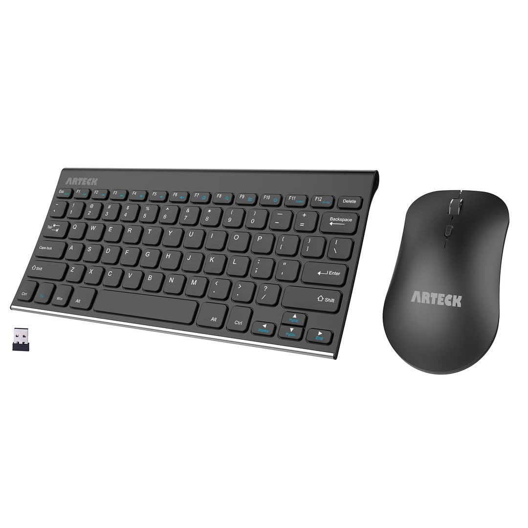 Arteck 2.4G Wireless Keyboard And Mouse Combo Ultra Compact Slim Stainless Full Size Keyboard And Ergonomic Mouse For Computer/D