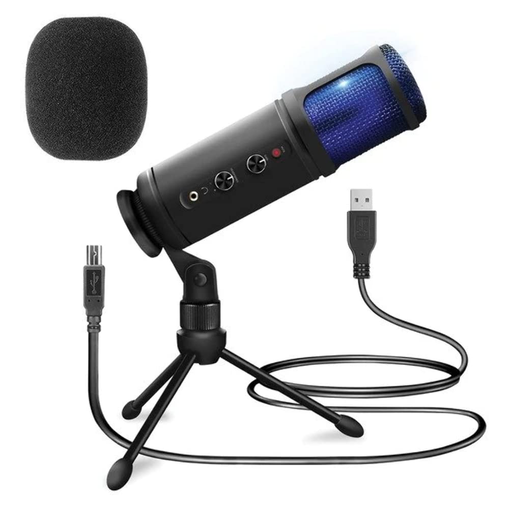 USB PC Recording Condenser Microphone - Blue LED, Adjustable Gain, Headphone Jack, Mute Control, Tripod Stand - Portable Pro Aud