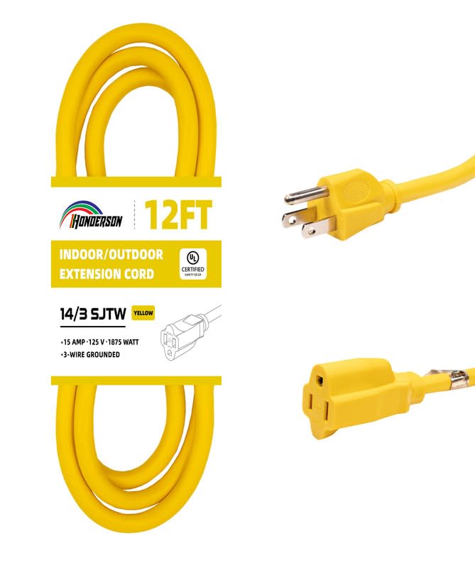 Honderson Indoor Outdoor Extension Cord Weatherproof, Ul Listed, 14 Gauge 12Ft Yellow 3 Prong Heavy Duty, 14/3 Sjtw 15A Power Co
