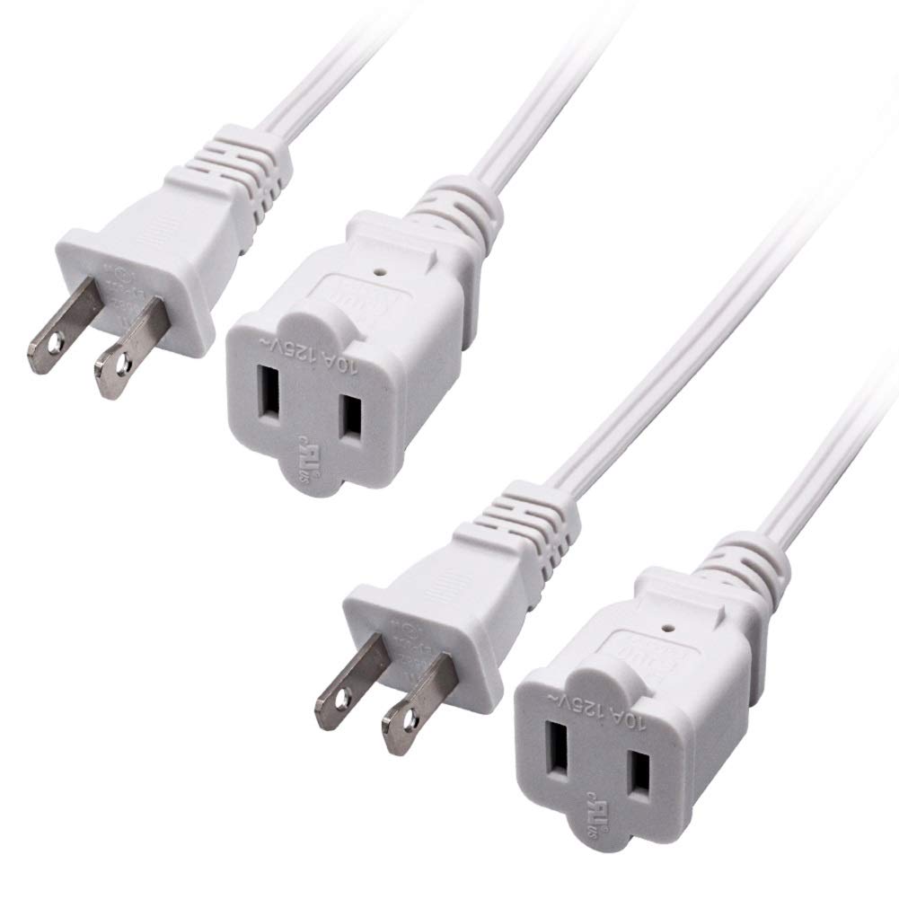 2 Pack 2 Prong Extension Power Cord 10Ft,Us Malefemale Power Cable For Nema 5 15P To Nema 5 15R(10Ft) White