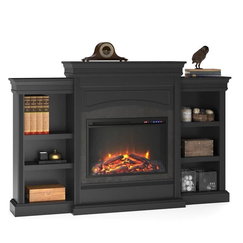 Ameriwood Home Lamont 69 Inch Electric Fireplace With Mantel, Shelves, Replaceable Fireplace Insert Heater, Remote Control, Time