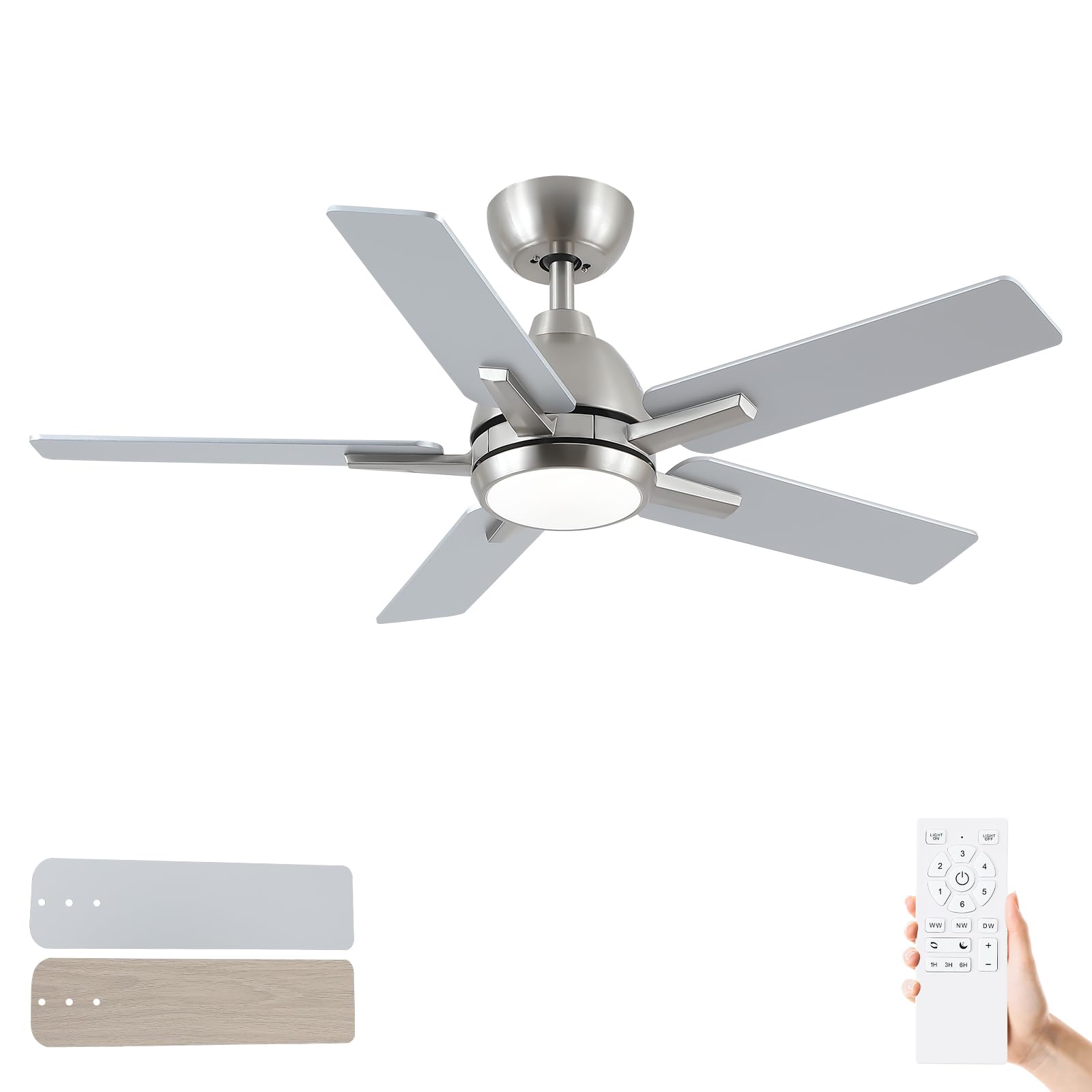 42 Inch Ceiling Fans With Lights And Remote,Brushed Nickel Ceiling Fan With 5 Dual Sided Blades,Downrod,6 Speed Reversible Dc Mo
