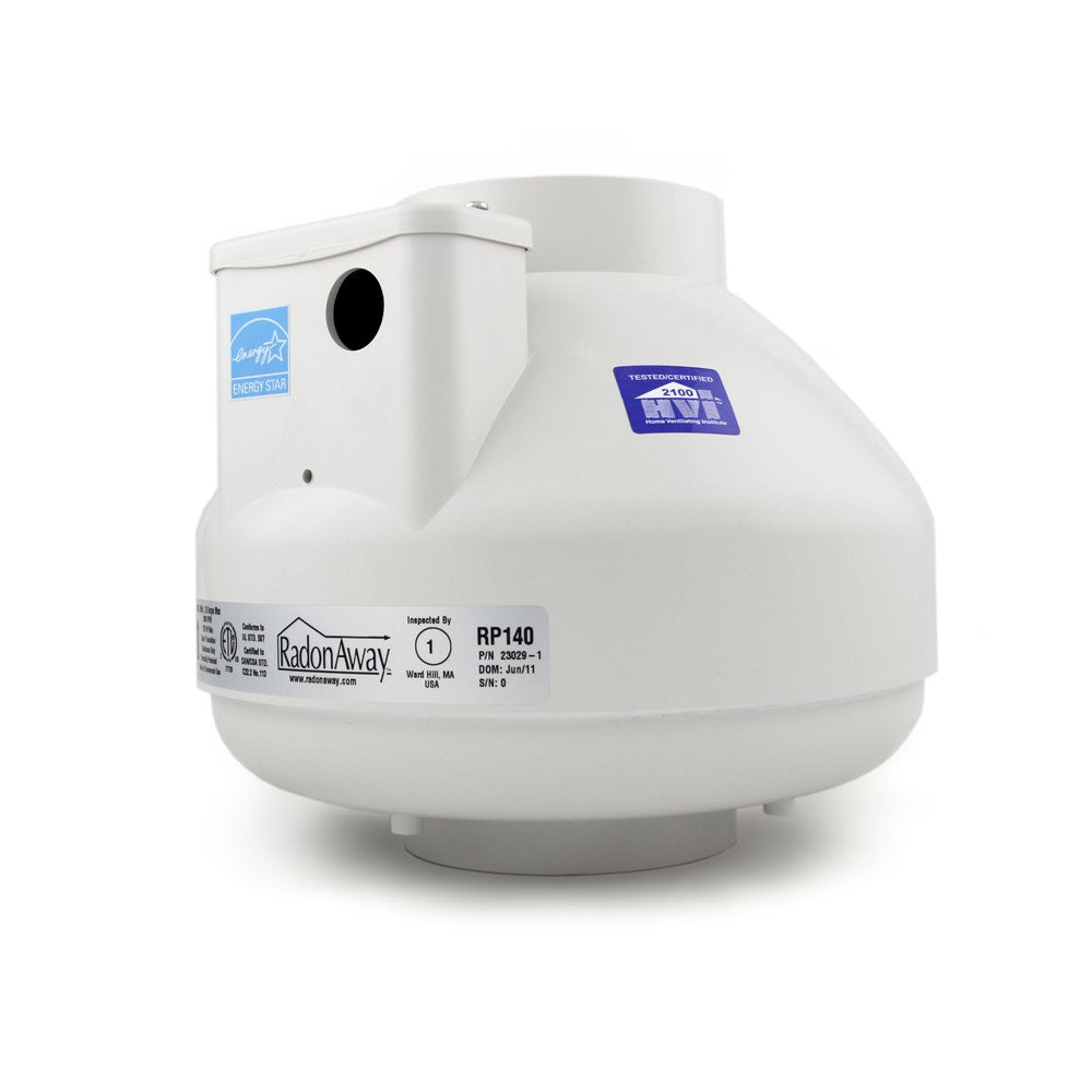 RadonAway RP140 Radon Mitigation Fan, 4" White, Durable Plastic Construction