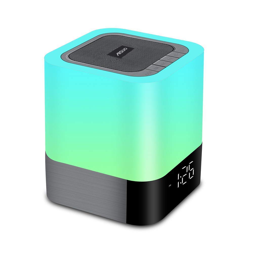 Aisuo Night Light 5 In 1 Bedside Lamp With Bluetooth Speaker, 12/24H Digital Calendar Alarm Clock, Touch Control, Support Tf And