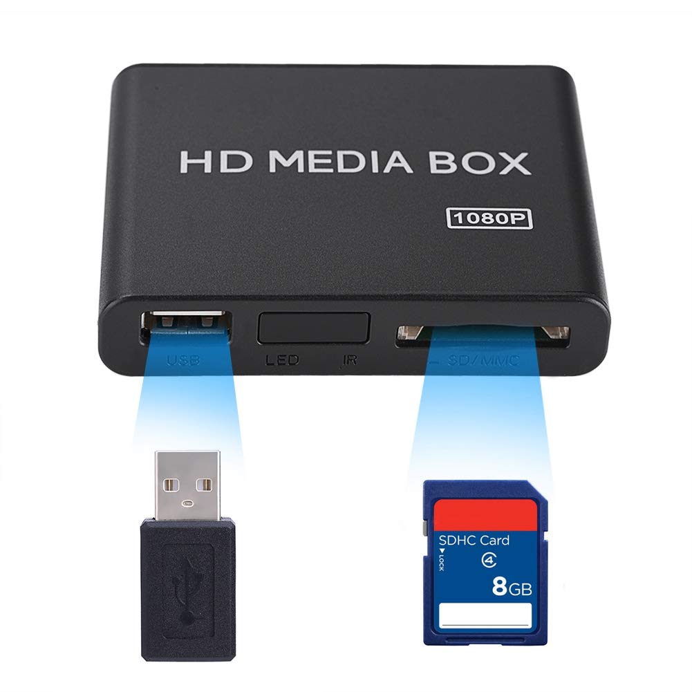 Socobeta 110-240V HDMI Media Player Mini 1080P Digital Player Box, USB MP3 MMC SD Support, Remote Control, Black