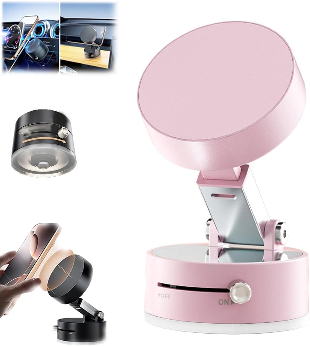Foldable Portable Vacuum Magnetic Cell Phone Holder, 360 Adjustable Vacuum Suction Car Phone Mount, Double Sided Magnetic Bracke