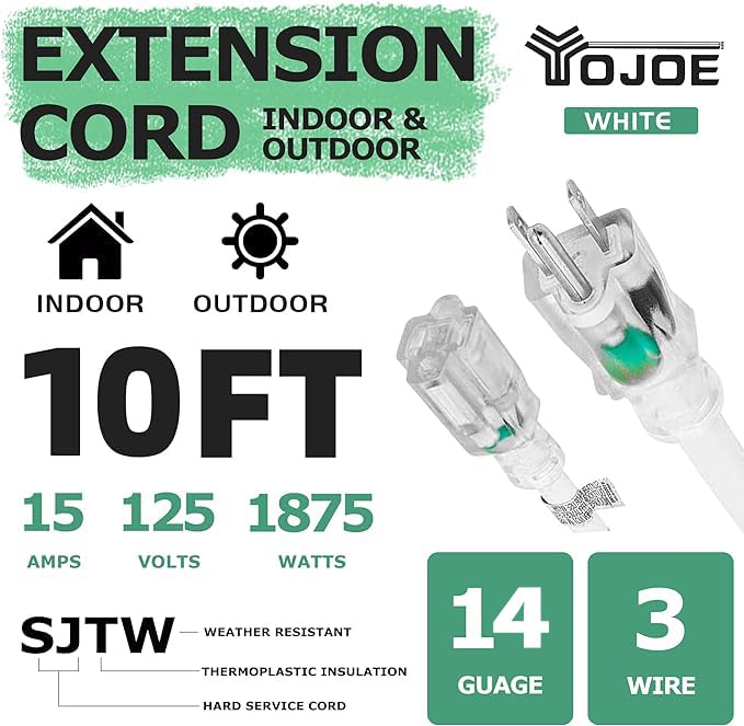 Yojoe Indoor Outdoor Extension Cord With Lighted End, 3 Prong 15A Weatherproof Power Extension Cord, 14 Gauge Heavy Duty 10 Ft W