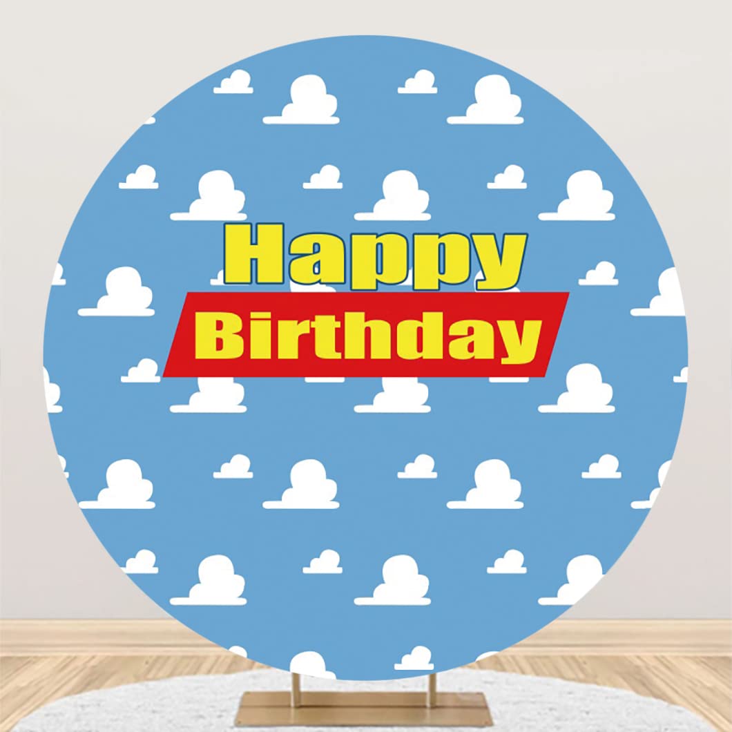 Leyiyi 7.2X7.2Ft Cartoon Happy Birthday Round Backdrop Blue Sky White Clouds Round Background For Photography Children Kids Baby