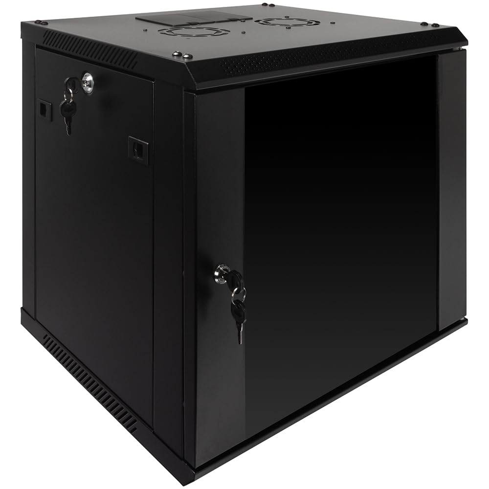 Navepoint 9U Server Rack Enclosure With Glass Door, Cooling Fan, Locks, & Removable Side Panels   9U Wall Mount Network Cabinet