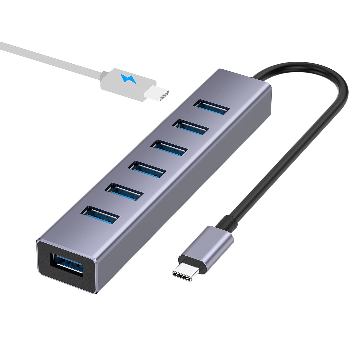 Usb C To Usb Hub, 8 Ports Usb 3.0 Adapter With 7 Usb 3.0 Data Ports,Usb C Splitter With Usb C 5V/3A Power Port, 7.9In/20Cm Main 