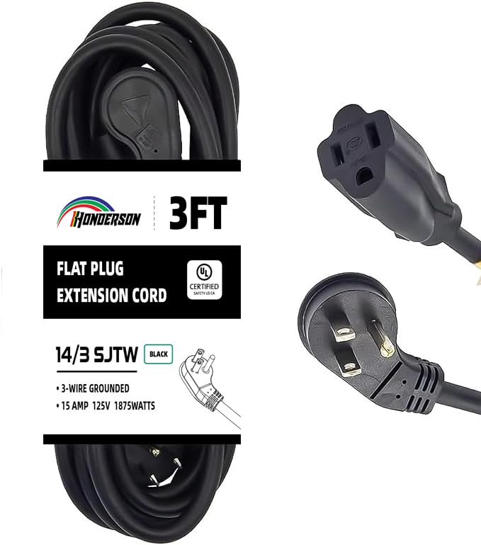 Honderson Flat Plug Indoor Extension Cord, Ul Listed, 14 Gauge 3Ft Black 3 Prong Heavy Duty Extension Cord, 14/3 Sjtw 15A Power