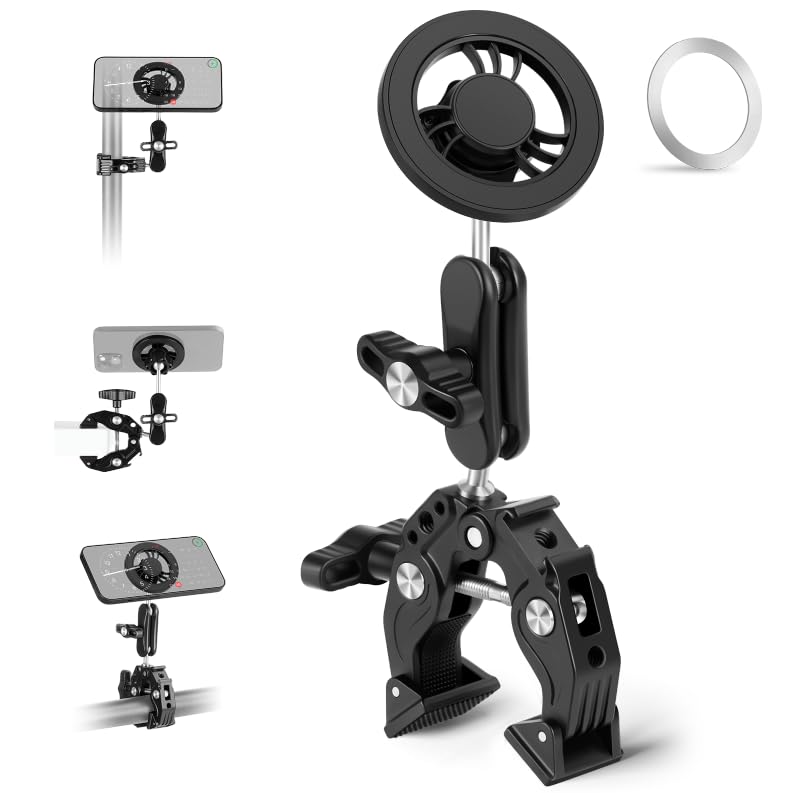 Magnet Phone Mount With Super Clamp, Aluminium Alloymagnetic Phone Holder Magsafe, For Spin Bike/Golf Cart/Cart/Railing/Handleba