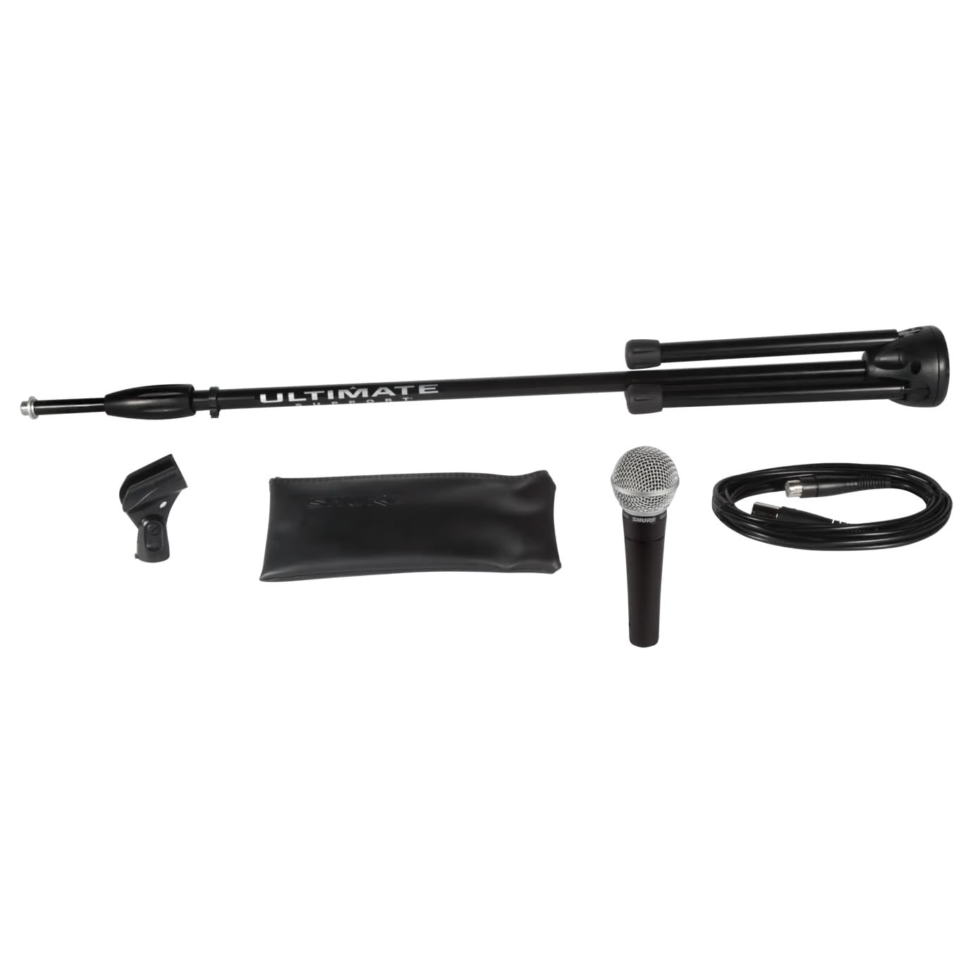 Shure Sm58 Pro Xlr Dynamic Microphone Stage Performance Kit With 15 Foot Xlr Xlr Cable, Stand, A25D Clip And Bag   Professional