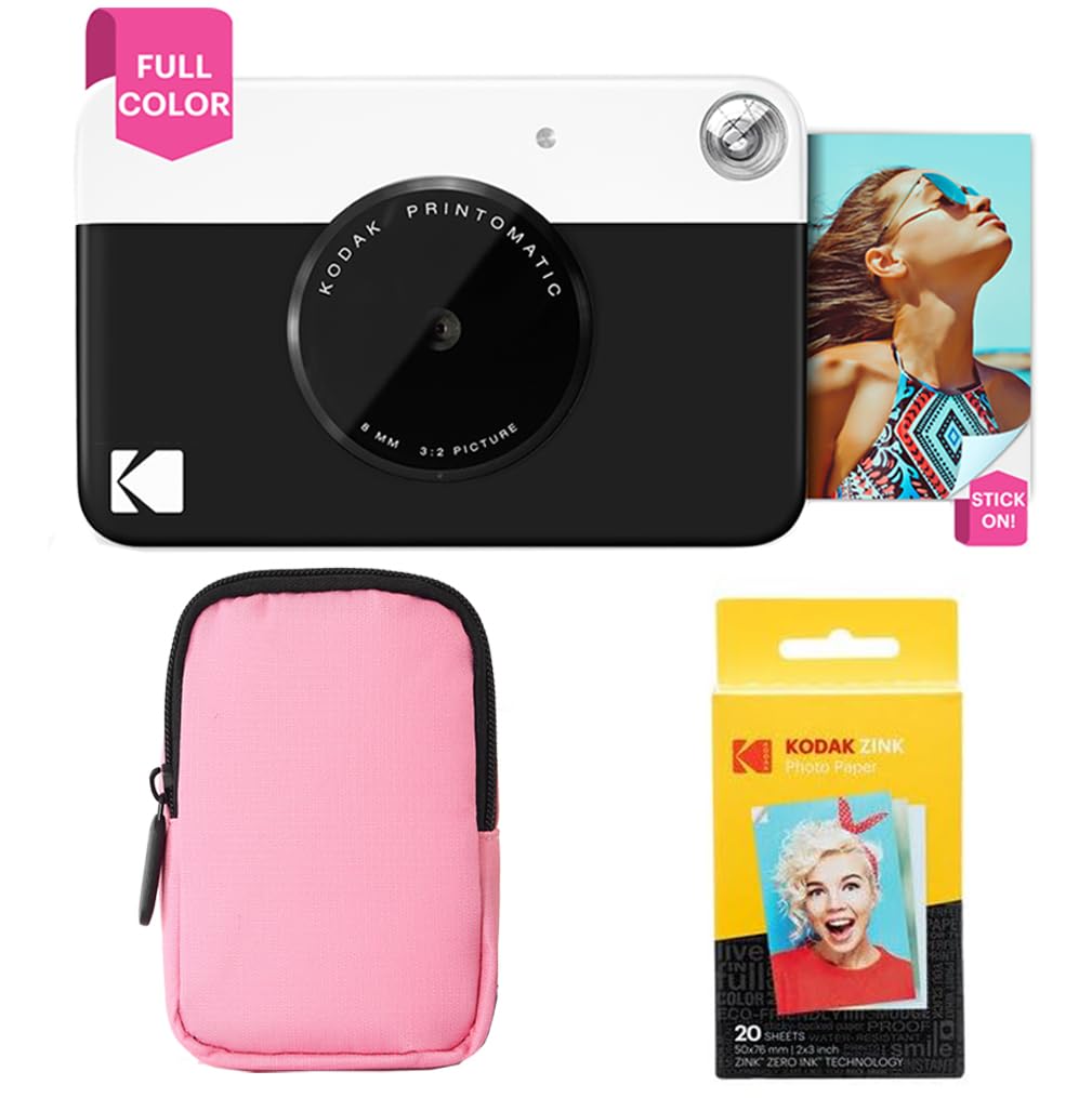 KODAK Printomatic Full-Color Instant Print Camera Starter Bundle + Soft Case + Zink 20pk Photo Paper - Colorful Photos On 2x3 St
