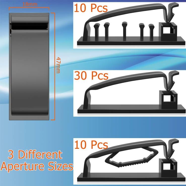 Wiralip Cable Clips 50Pcs Self Adhesive 3 Functions Cord Holder ABS Black