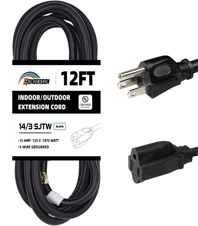 Honderson Indoor Outdoor Extension Cord Weatherproof, Ul Listed, 14 Gauge 12Ft Black 3 Prong Heavy Duty, 14/3 Sjtw 15A Power Cor
