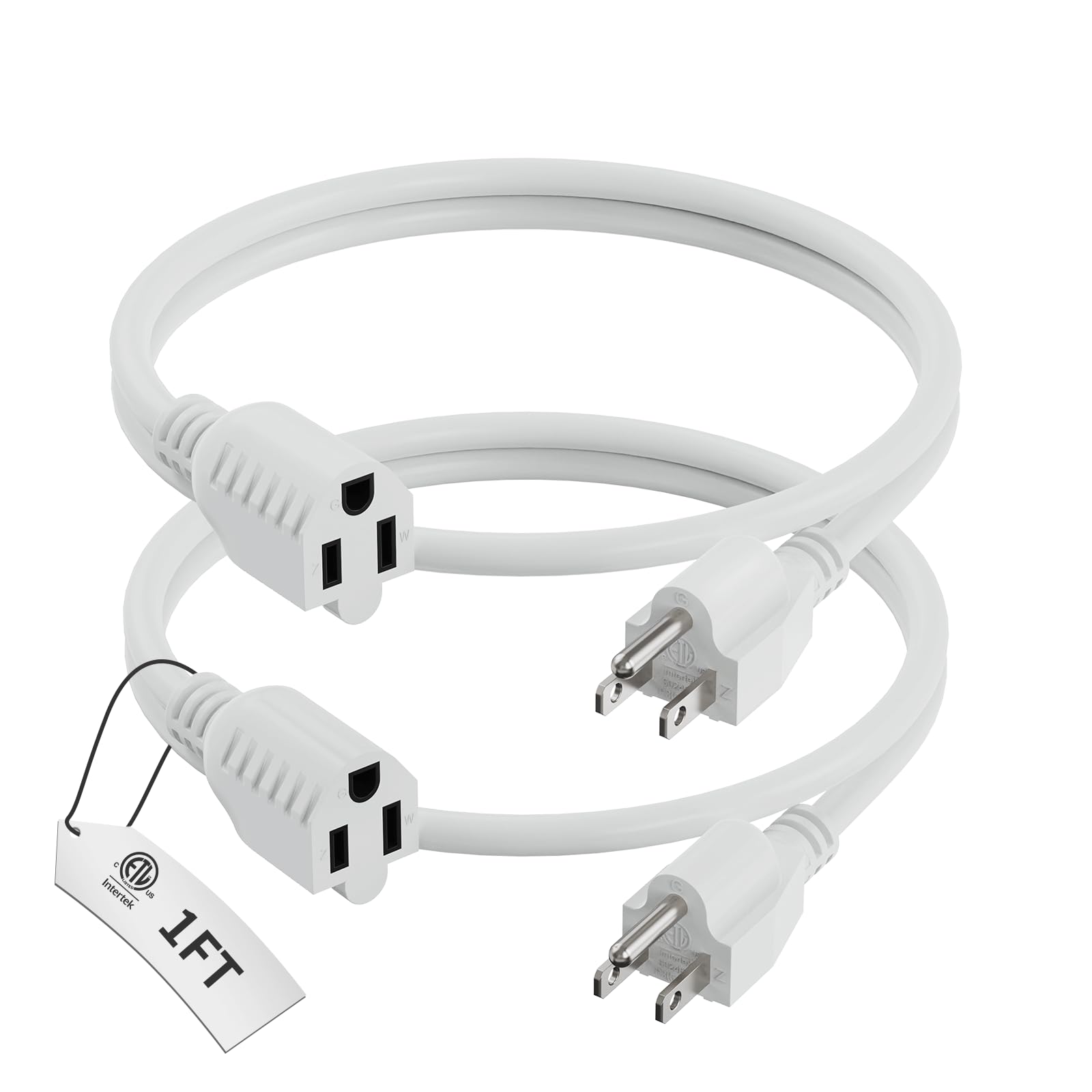 Plugtul 1 Ft Extension Cord White, 2 Pack Short Power Cord, Indoor/Outdoor 16 Gauge 3 Prong Grounded Wire Etl Listed, 13A 1625W