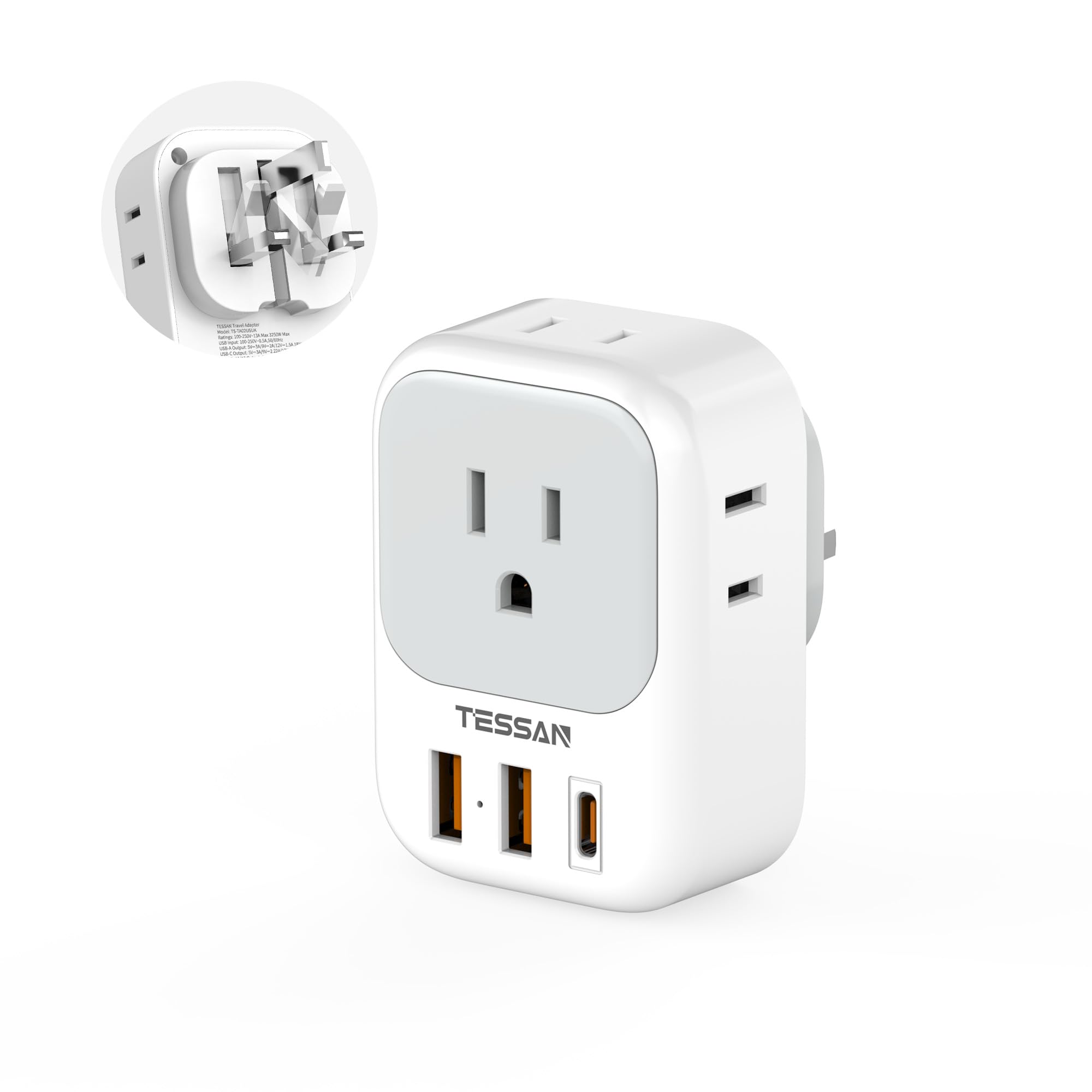 Us To Uk Plug Adapter, Tessan Uk Adapters For Travel, Foldable Plug With 4 Outlets 3 Usb (Pd 20W 1 Usb C), Type G Power Adaptor