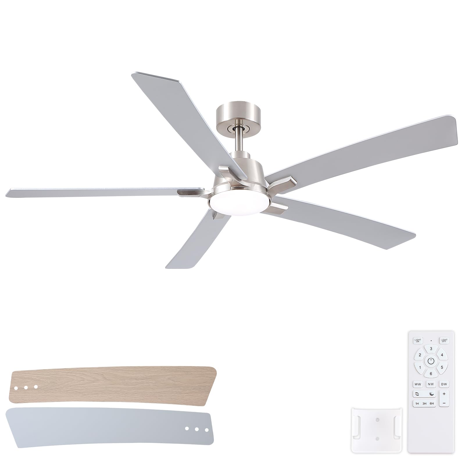 60 Inch Ceiling Fans with Lights and Remote, Brushed Nickel Ceiling Fan, 5 Blades, Modern Design For Indoor Bedroom Living Room/