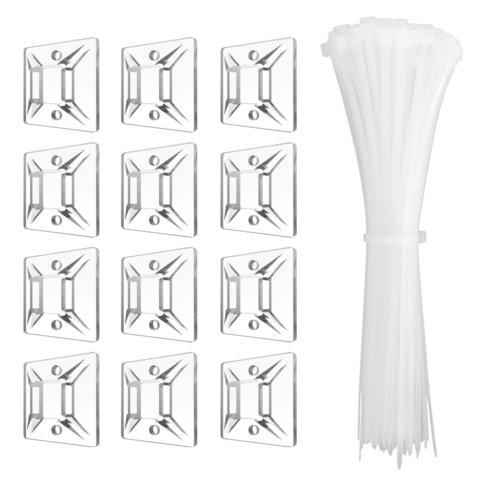 Kanemc 240Pcs Clear Cable Ties Mounts, 5.9'' Heavy Duty Zip Ties 120Pcs + 3/4'' Adhesive Cable Holders 120Pcs, Self Locking Nylo