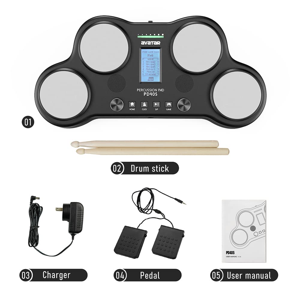 Hxw Pd405 Tabletop Electric Drum Set, With 163 Percussion Sounds, 4 Velocity Sensitive Drum Pads, 2 Pedals And Drum Sticks Chris