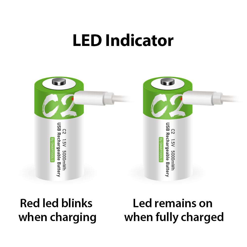 Lankoo Rechargeable C Batteries 1.5V 5000mWh USB Type C Lithium Ion White Green 2-Pack