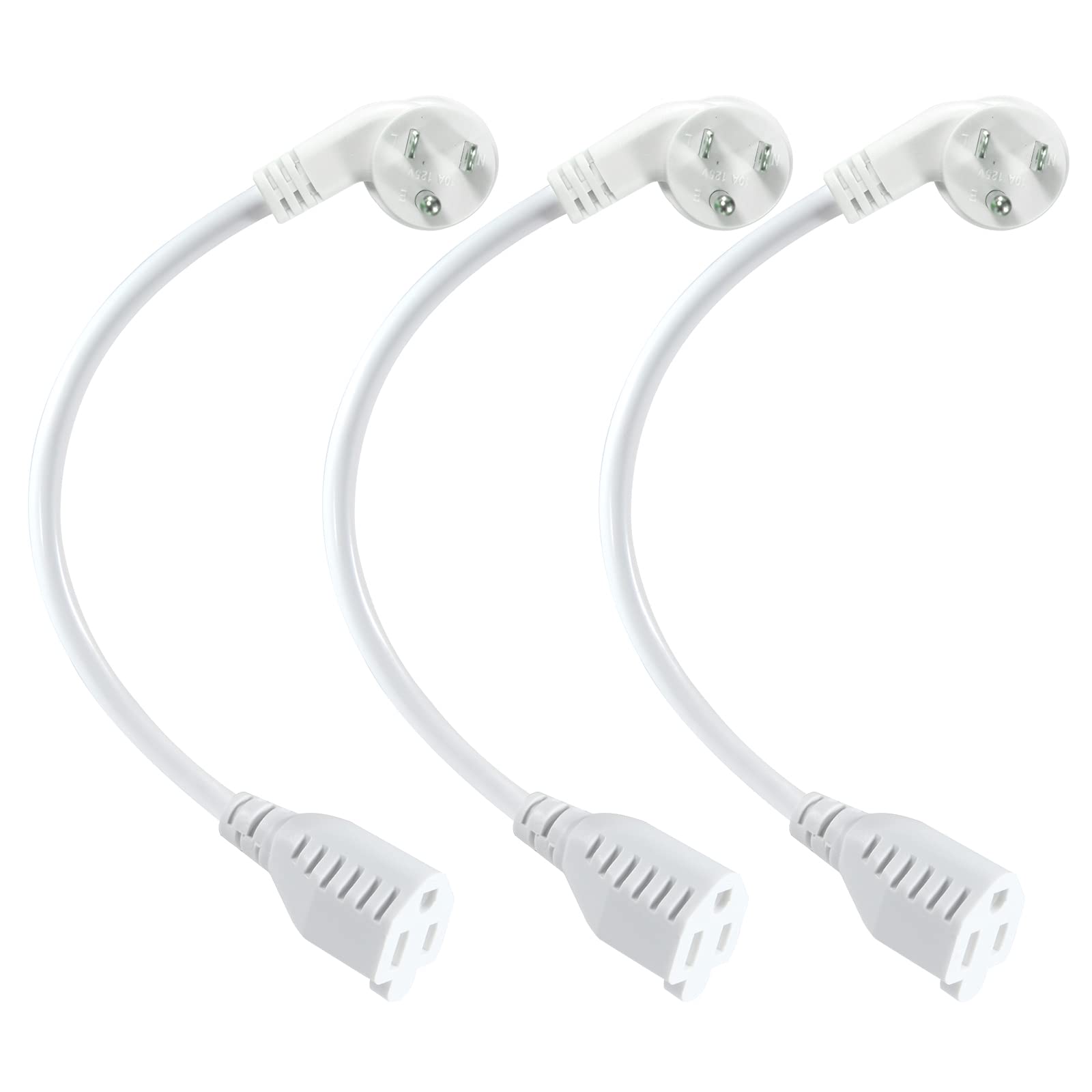 Short Power Extension Cord 1Ft   Right Angle Flat Head Extension Cord With 3 Prong White Low Profile Flat Plug 3 Prong Power Cab