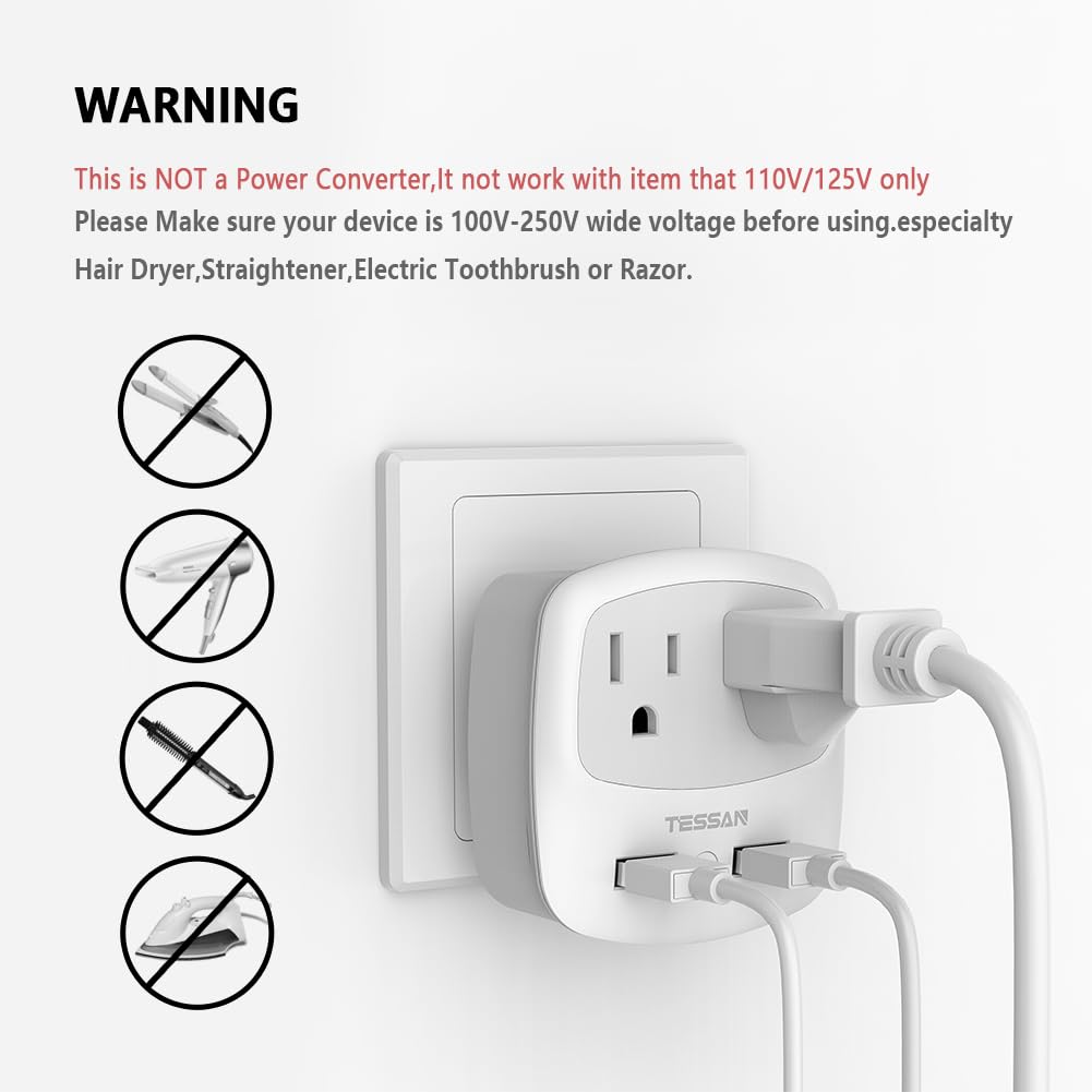 Uk Ireland Travel Plug Adapter, Tessan Type G Power Adaptor With 2 Usb Charger Ports 2 American Outlets, Us To Scotland London E