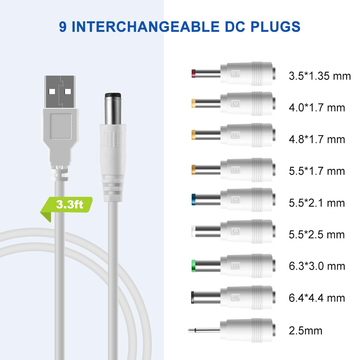 Lanmu Dc 5V Power Cord, Usb To 5V Dc Power Cable Charging Cord With 9 Adapters (6.4 * 4.4Mm, 6.3 * 3.0Mm, 5.5 * 2.5Mm, 5.5 * 2.1
