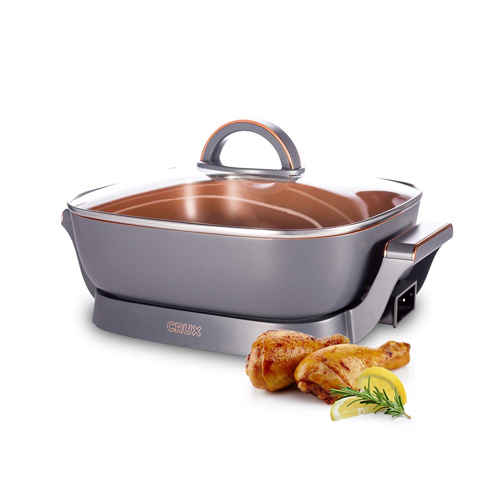 Crux Electric Skillet With Glass Lid   Nonstick Scratch Resistant Ceramic Pan, Extra Deep With Removable Temperature Probe, 12' X 12', 1400 Watts, Pfoa & Ptfe Free