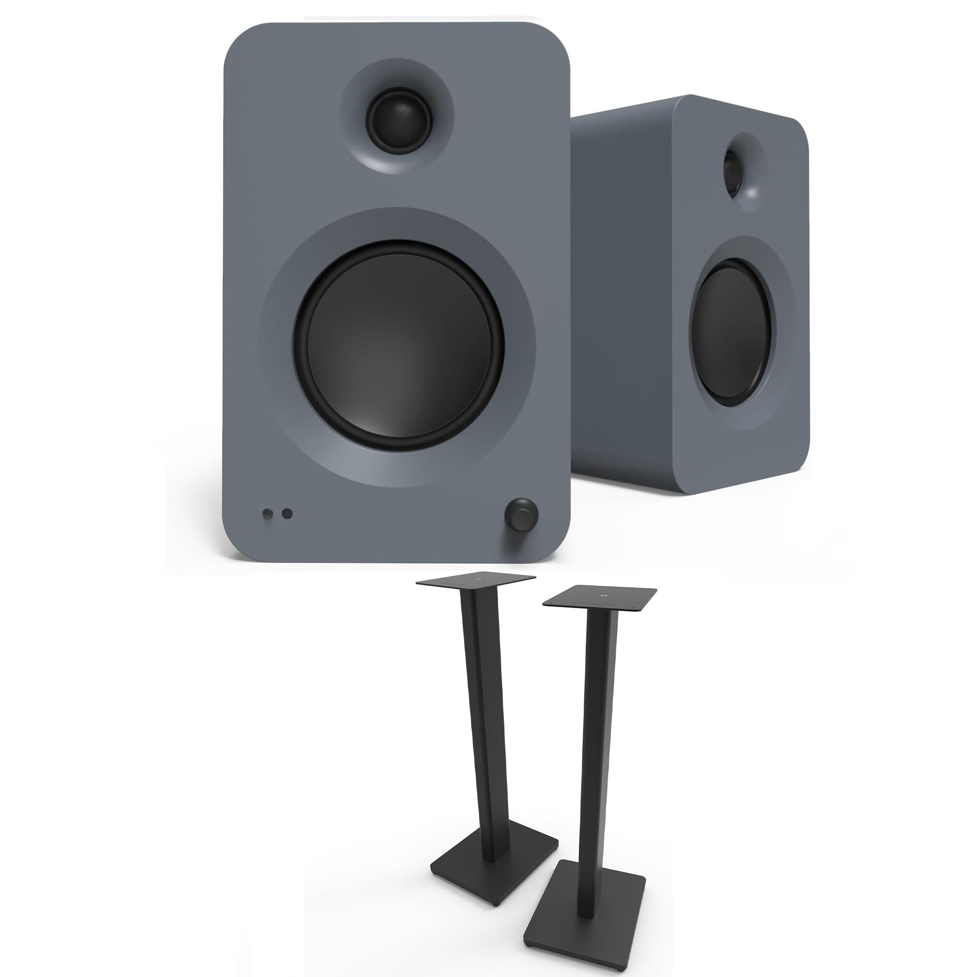 Kanto REN Grey Bluetooth Powered Bookshelf Speakers - Matte Grey Pair ST28 28 Floor Speaker Pair of Stands with Black MDF Base (